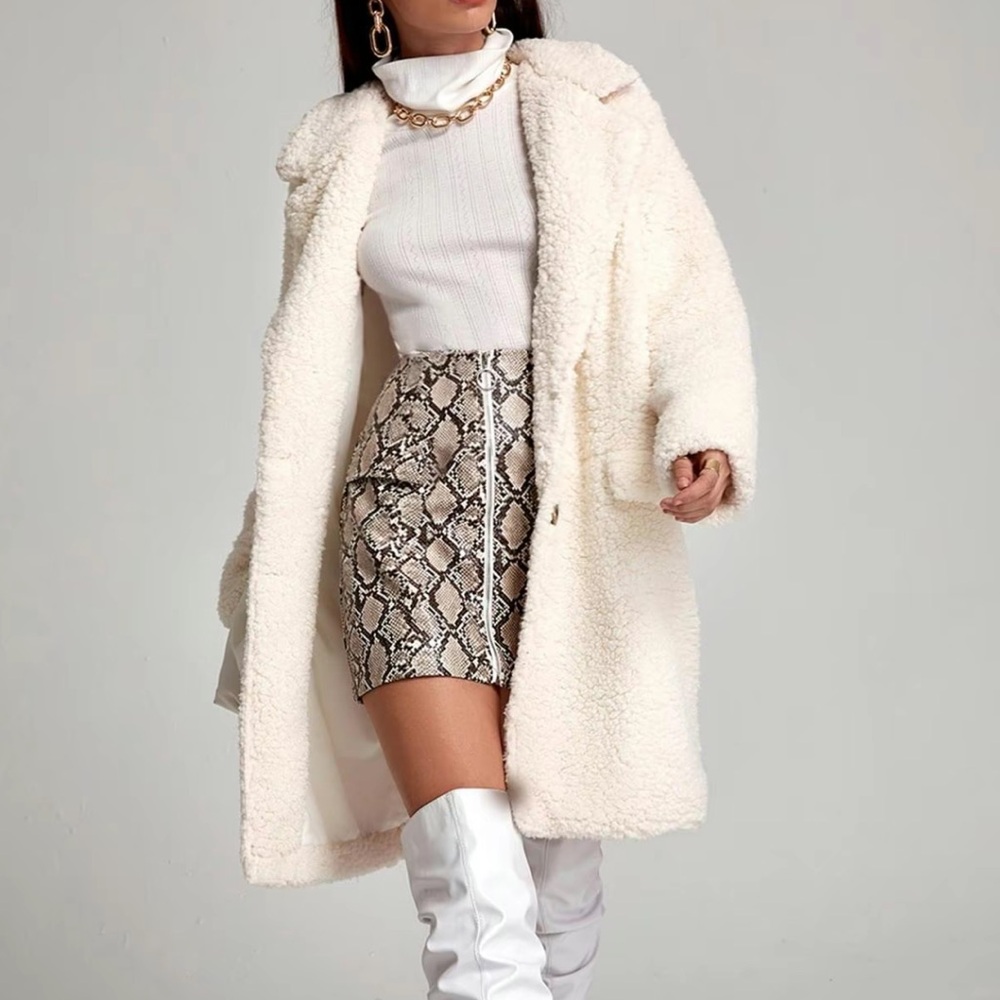 Size L Ivory BOHO lapel collar button front faux pockets lined plush Teddy coat - Picture 2 of 16